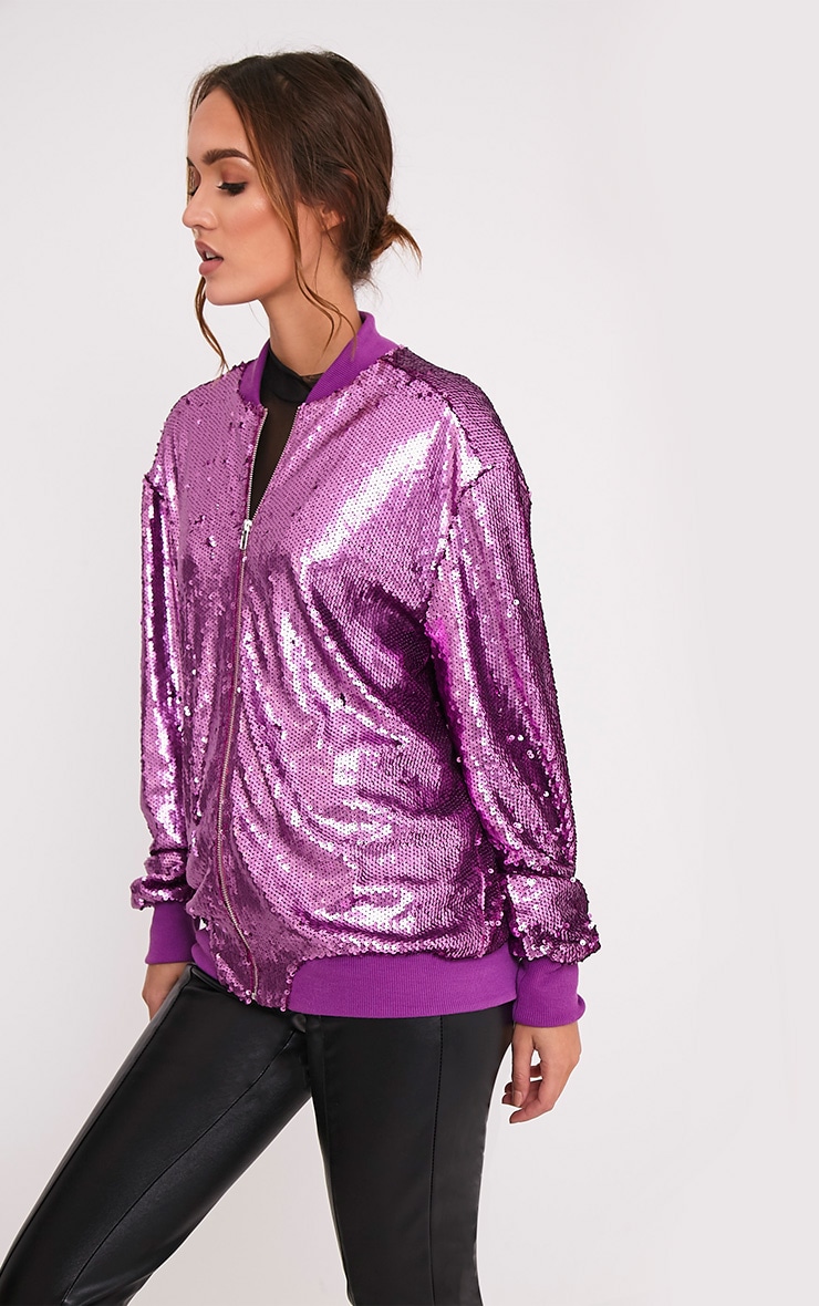 Iola Purple Sequin Bomber Jacket - Coats & Jackets - PrettylittleThing | PrettyLittleThing