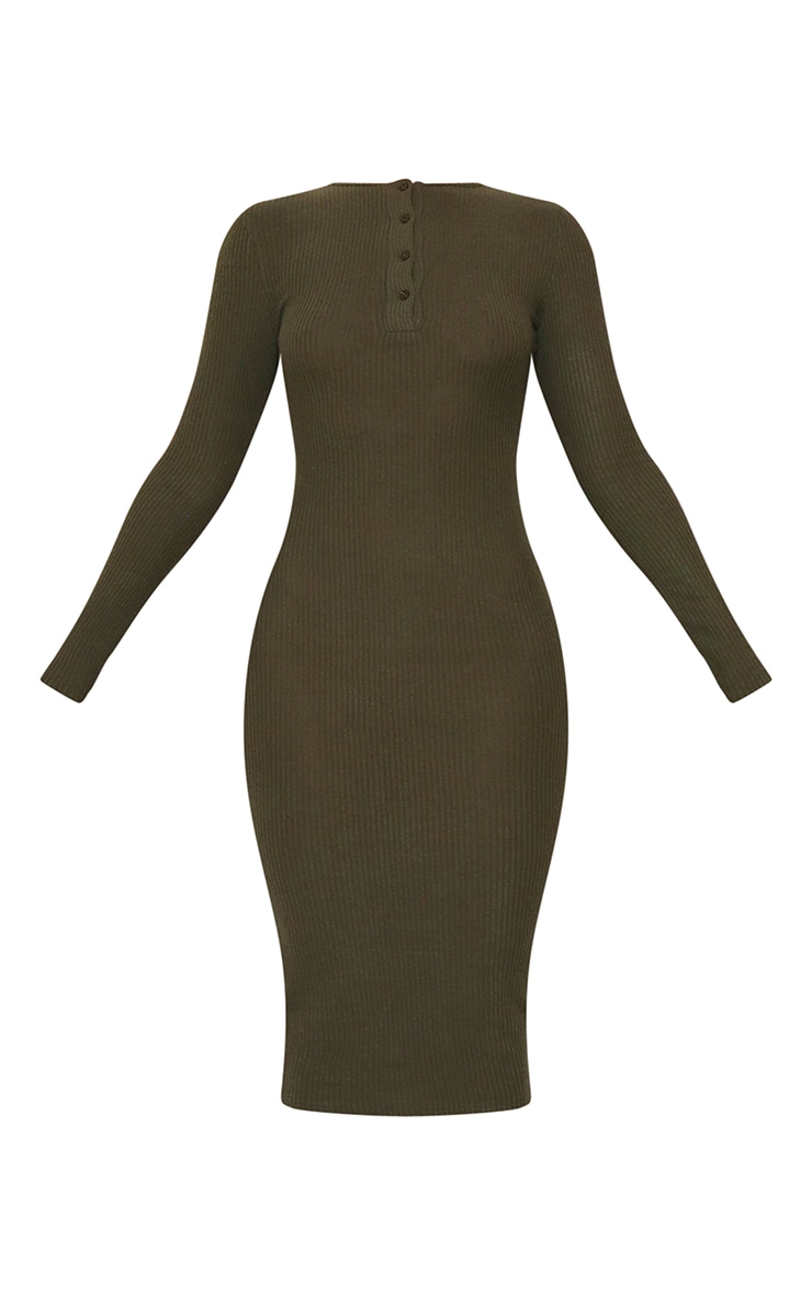 Khaki Button Front Brushed Rib Midaxi Dress image 5