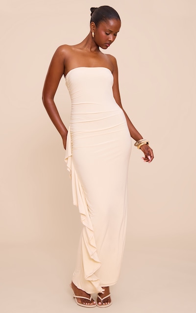 Robe bustier longue doublée moulante amande à volants