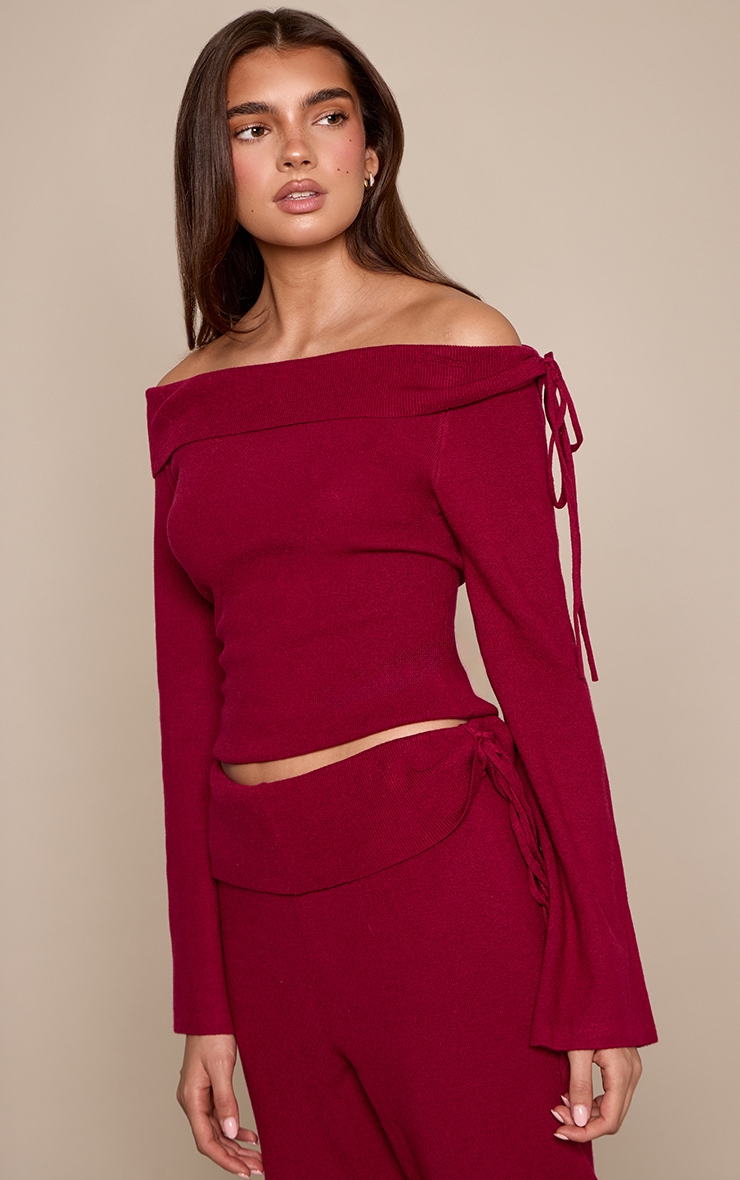 Cherry Knitted Bardot Foldover Tie Detail Top