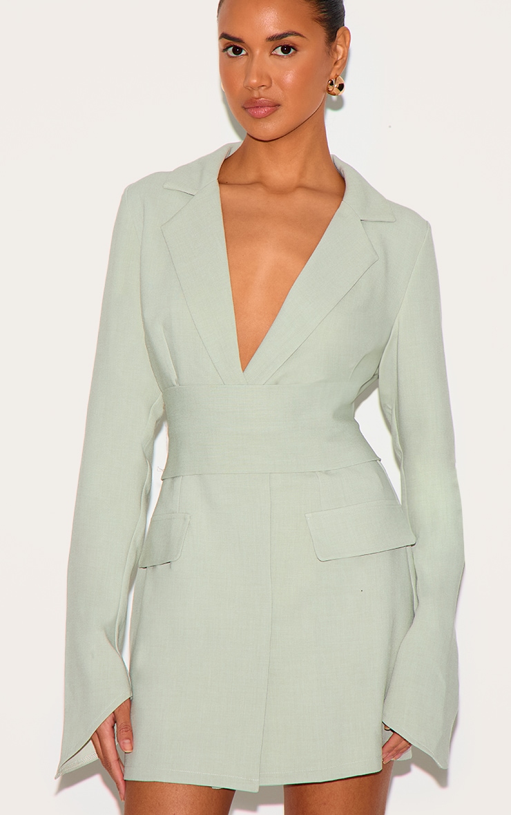 Sage Green Woven Belted Blazer Dress image 4