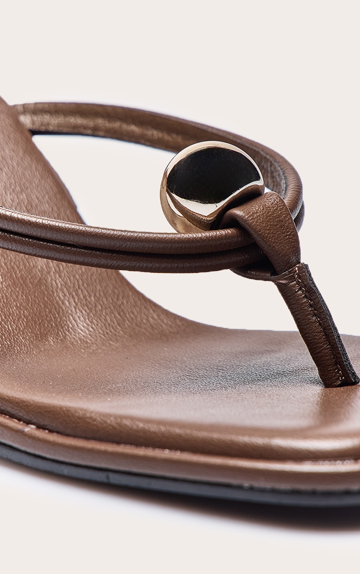 Chocolate Pu Square Toe Thong Gold Trim Mid Heeled Mules image 5