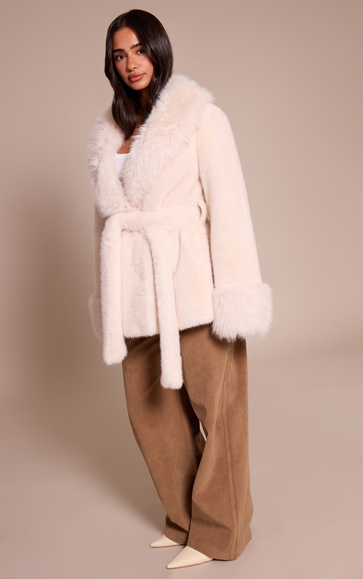 Petite Cream Plush Faux Fur Self Tie Coat image 3