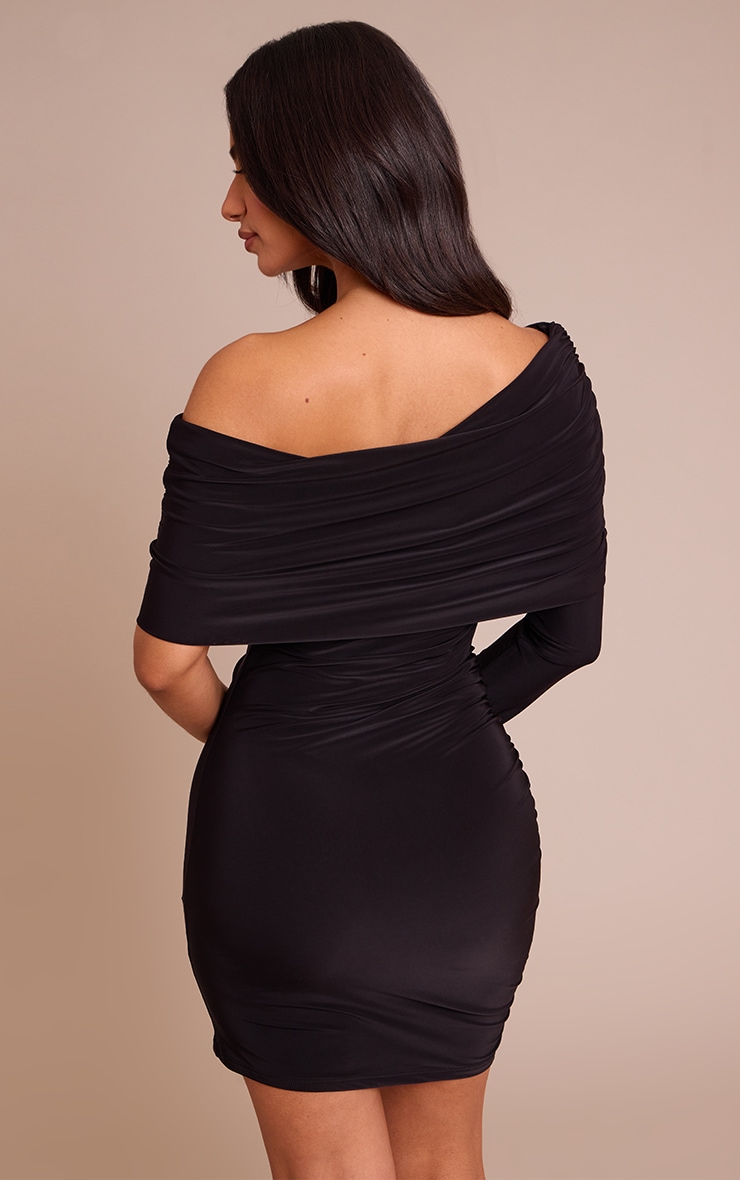 Petite Black One Shoulder Ruched Bodycon Mini Dress image 2