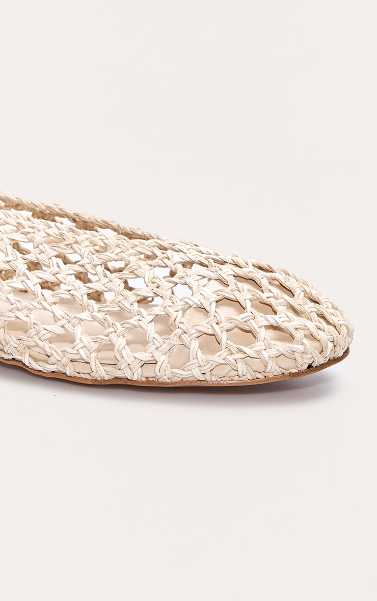 Cream Pu Round Toe Woven Ballet Flats image 4