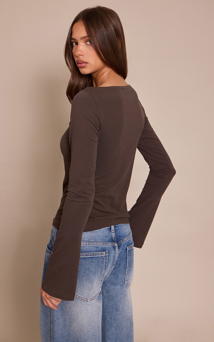 Dark Chocolate Soft Cotton Boat Neck Flared Long Sleeve Top image 2