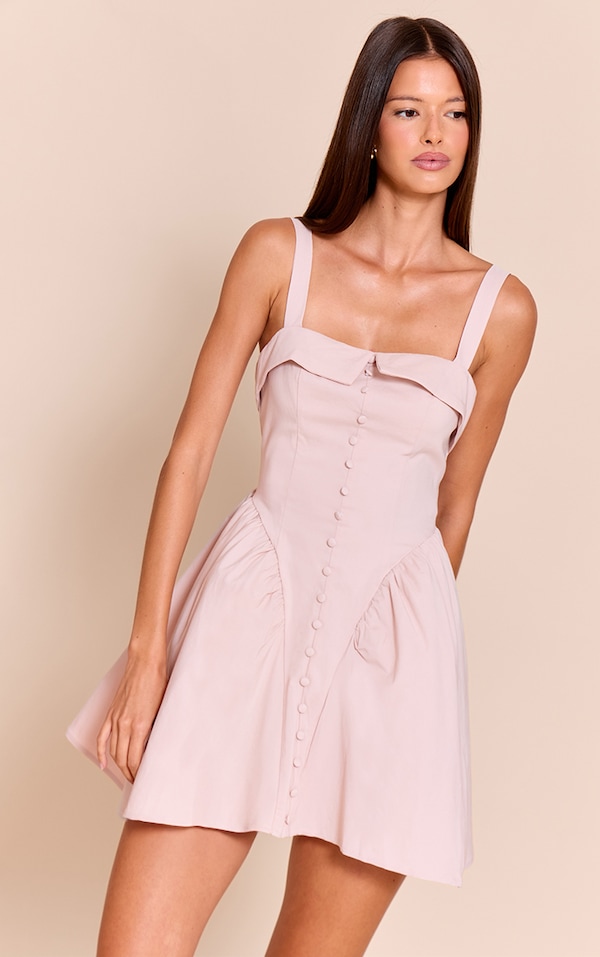 Blush V Waist Button Down Sleeveless Shift Mini Dress