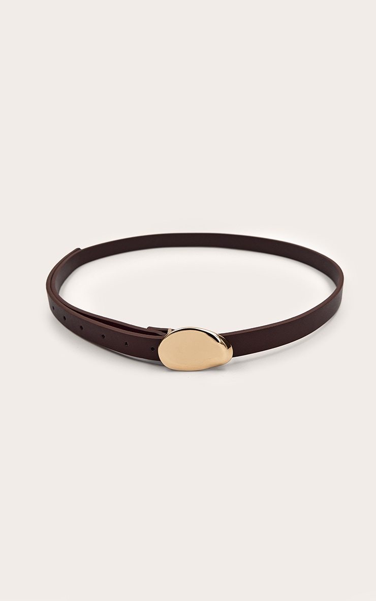 Chocolate PU Hammered Gold Buckle Skinny Belt image 2