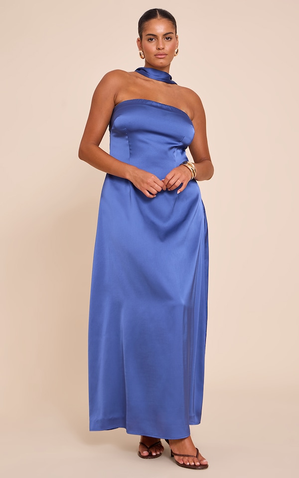 Plus Navy Satin Bandeau Scarf Detail Maxi Dress