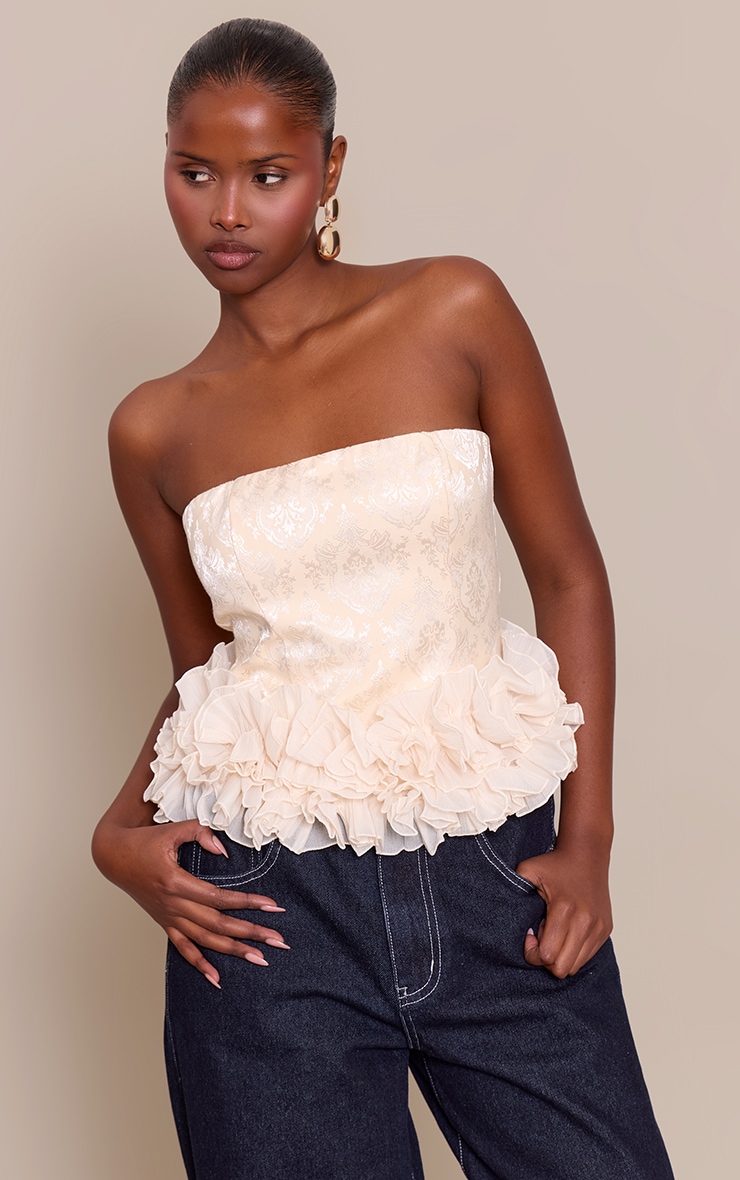 Cream Embroidered Jacquard Frill Hem Bandeau Top image 1