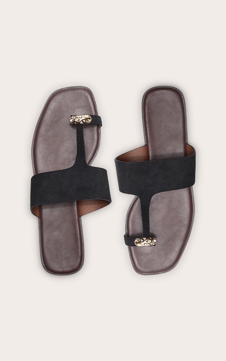 Black Faux Suede Toe Thong Gold Hardware Sandal image 5