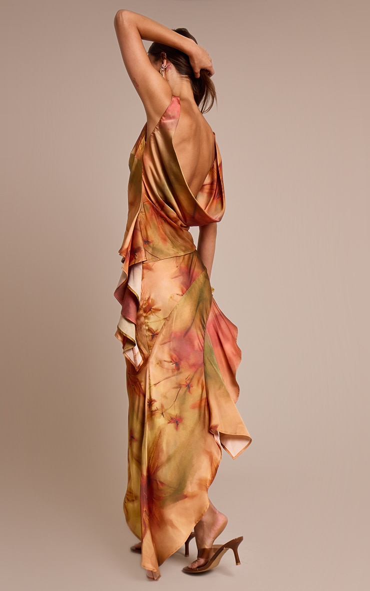 Burnt Orange Printed Satin Asymmetric Ruffle Midi Skirt image 3
