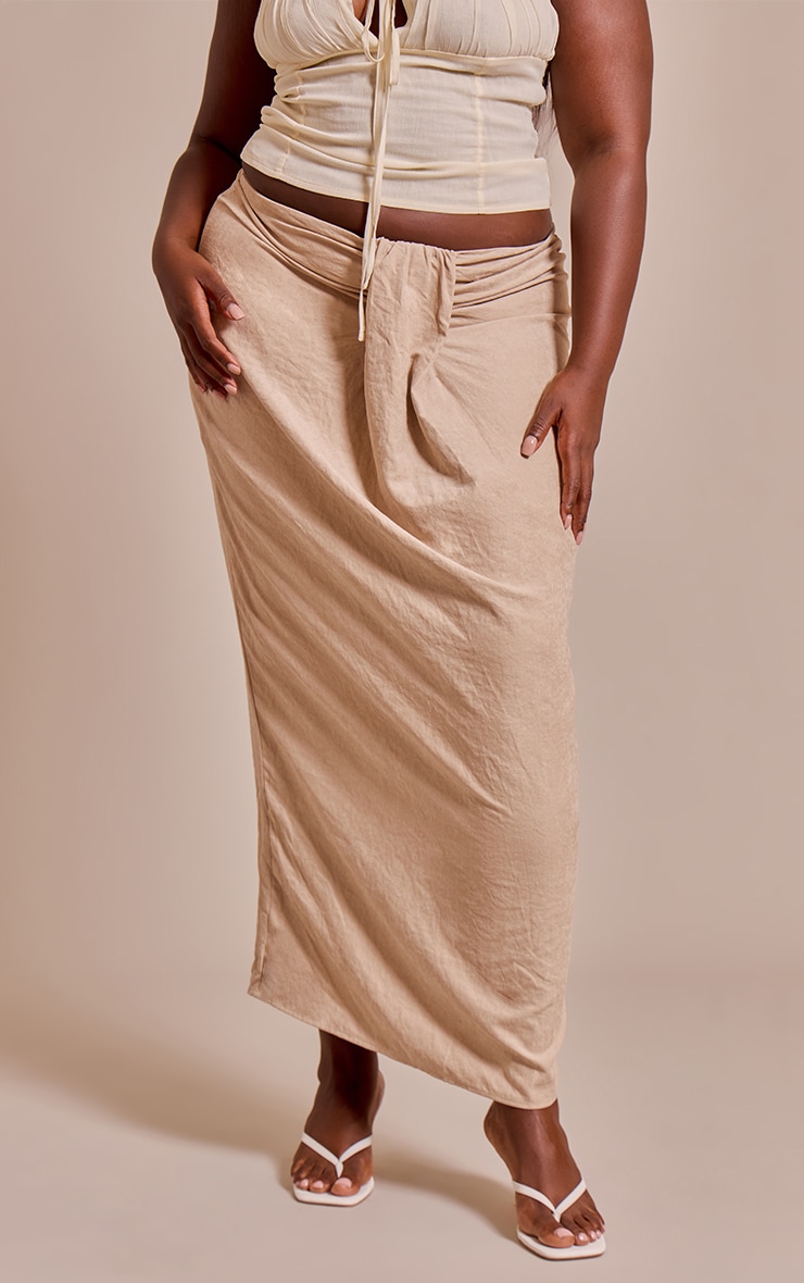 Plus Beige Peachskin Drape Front Maxi Skirt image 2