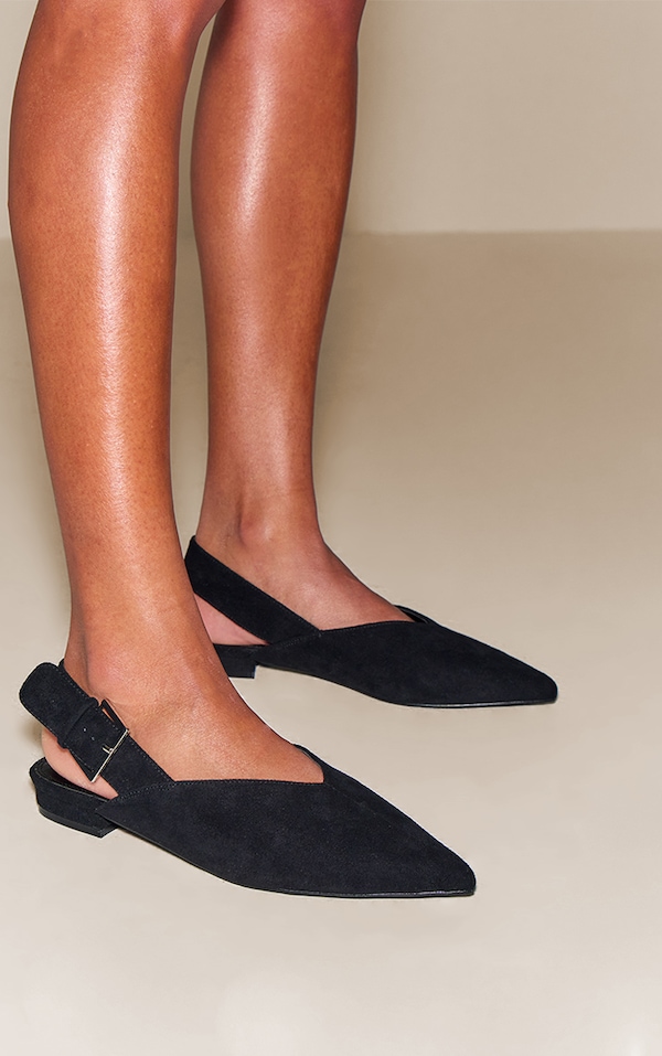 Black Suede Buckle Point Toe Sling Back Mules