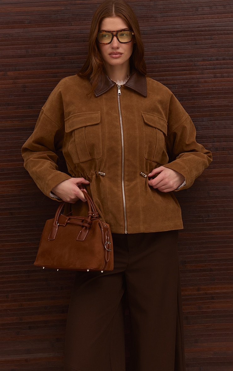 Veste en suédine marron clair à col contrastant et taille cintrée image 3