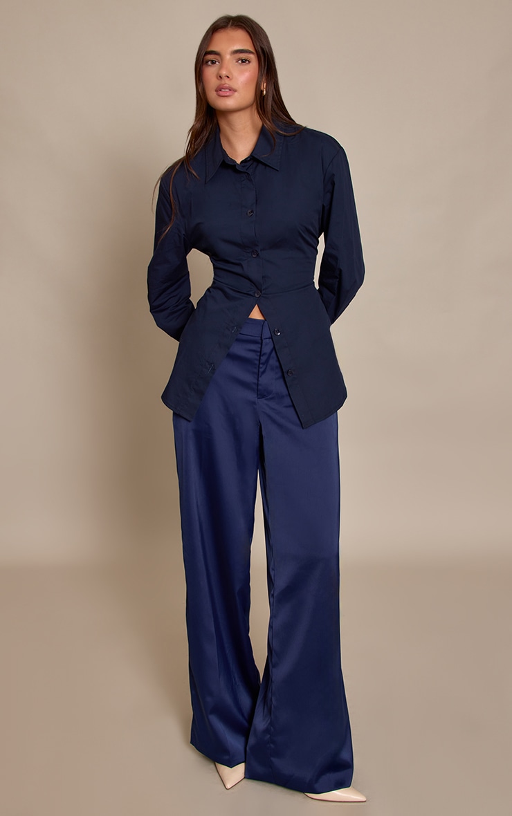 Navy Satin Tailored Detail Wide Leg Trousers image 1