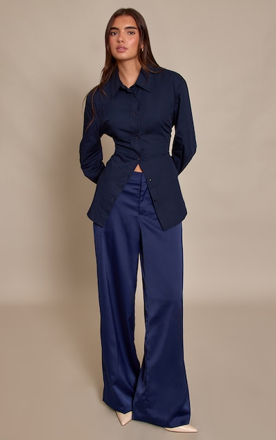 Navy Satin Tailored Detail Wide Leg Pants