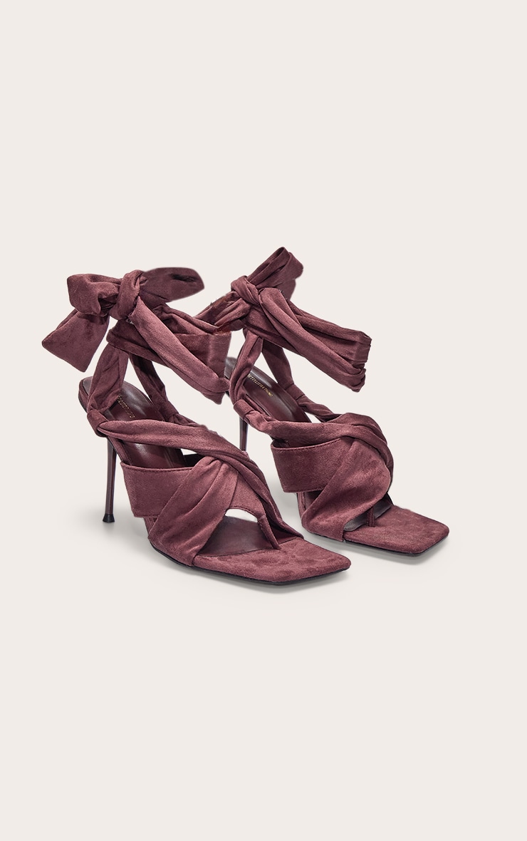 Chocolate Faux Suede Square Toe Thong Lace Up High Stiletto Heeled Sandals image 3