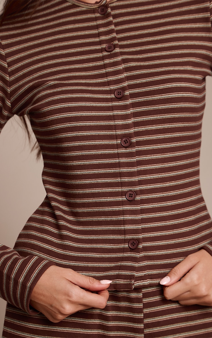 Dark Brown Soft Fleece Striped Button Up Top image 4