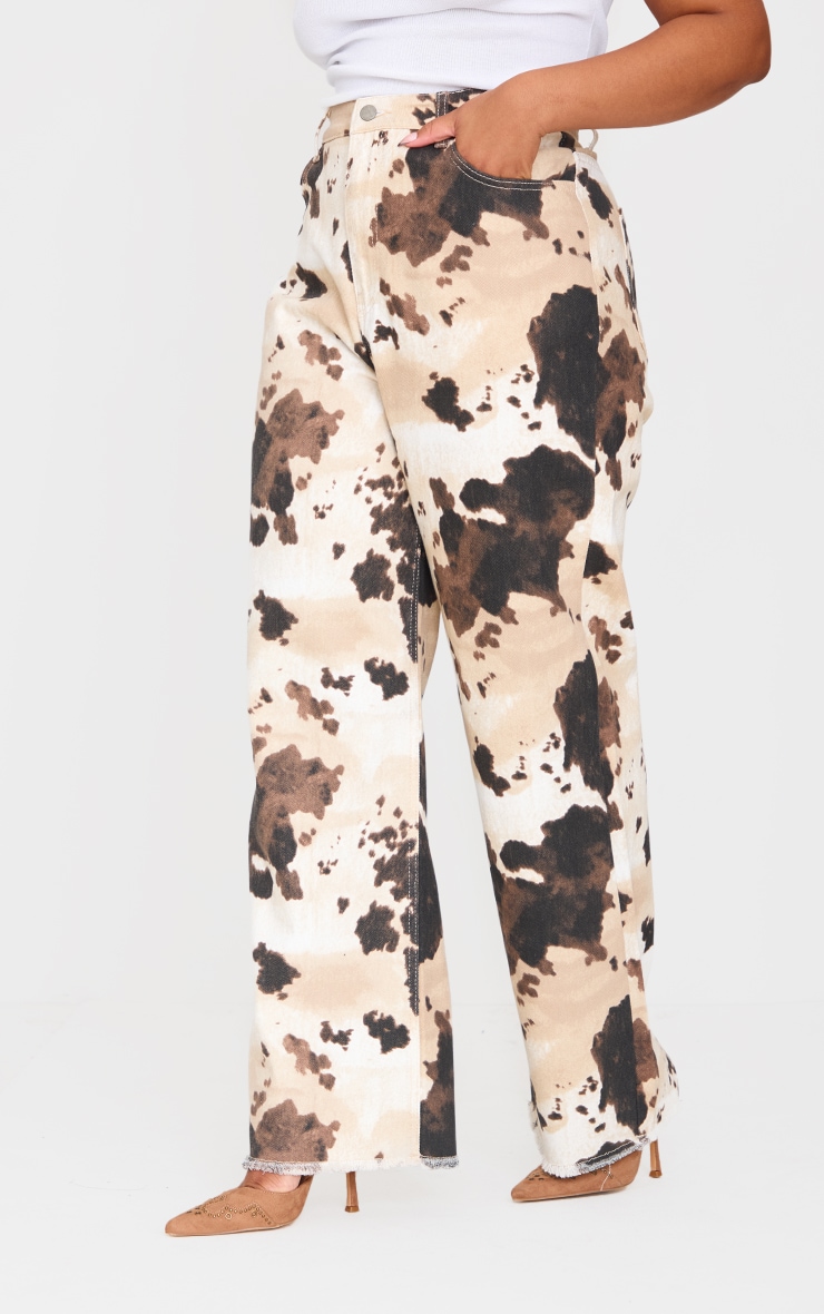 Plus Brown Cow Print Denim Wide Leg Jeans image 2