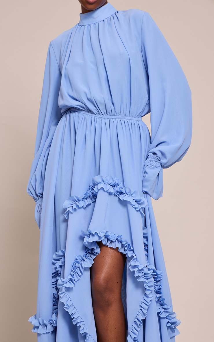 Blue Chiffon High Neck Frill Detail Maxi Dress image 4