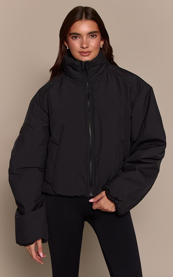 Black Funnel Neck Cocoon Sleeve Zip Through Jacket