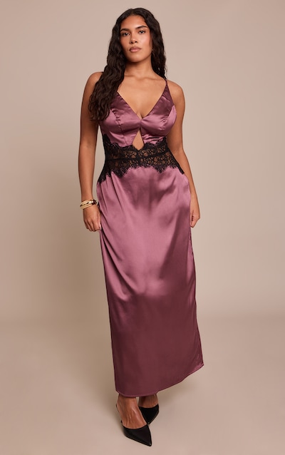 Shape Burgundy Acid Satin Lace Trim Maxi Dress