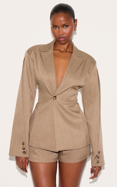 Light Brown Tailored Woven Cinch Waist Blazer
