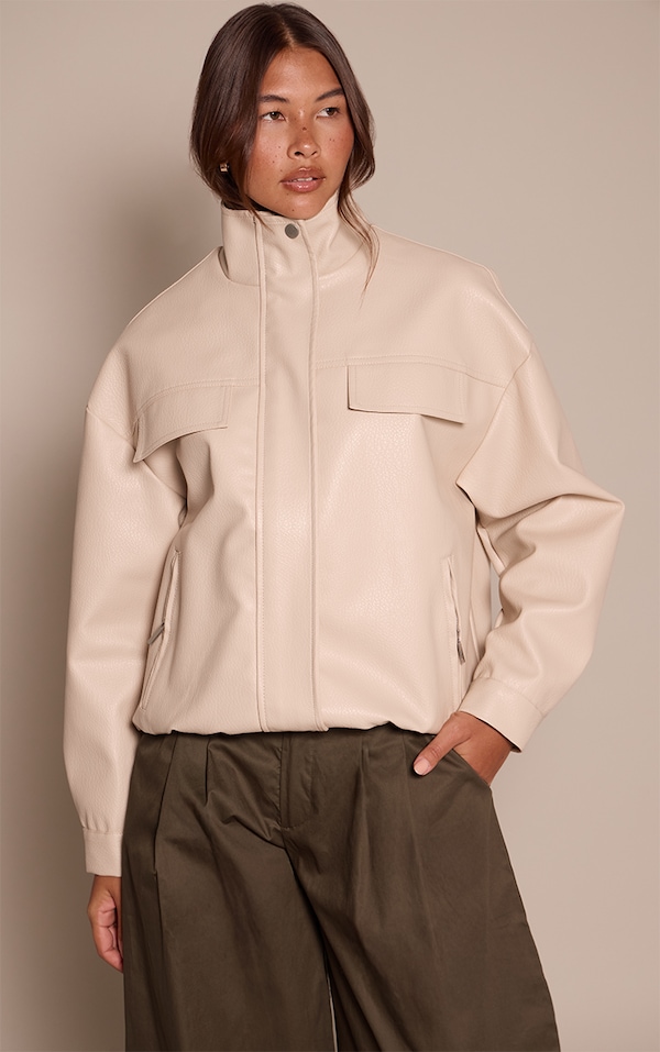 Stone Funnel Neck Concealed Placket Faux Leather Jacket