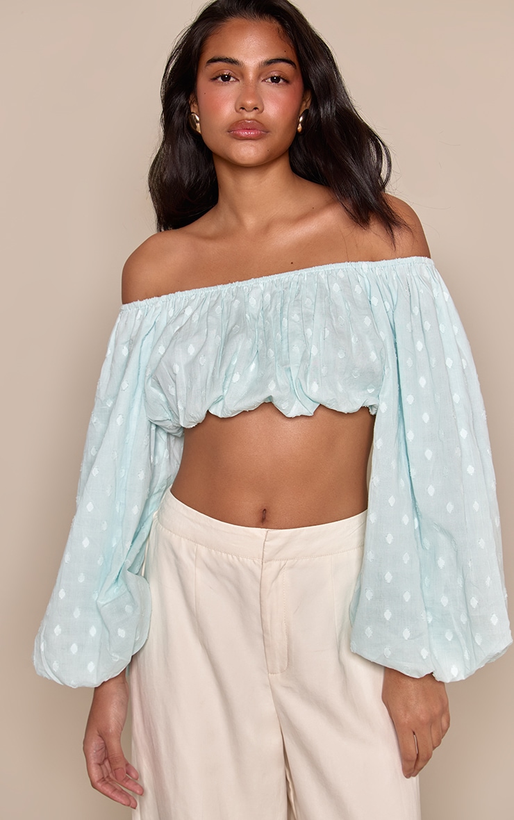 Blue Polka Dot Embossed Cotton Bandeau Puff Sleeve Top