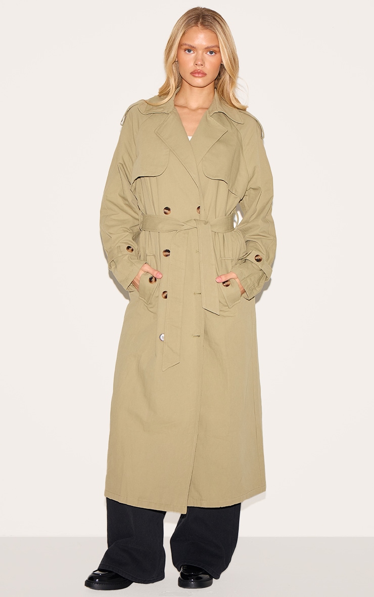 Khaki Panel Detail Belted Trench Coat image 3