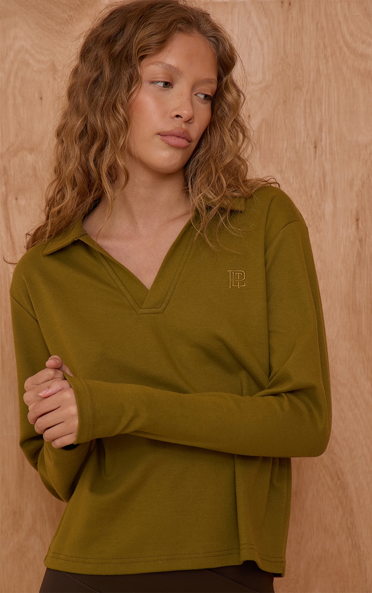 Olive Embroidered Longline Collar Top image 4