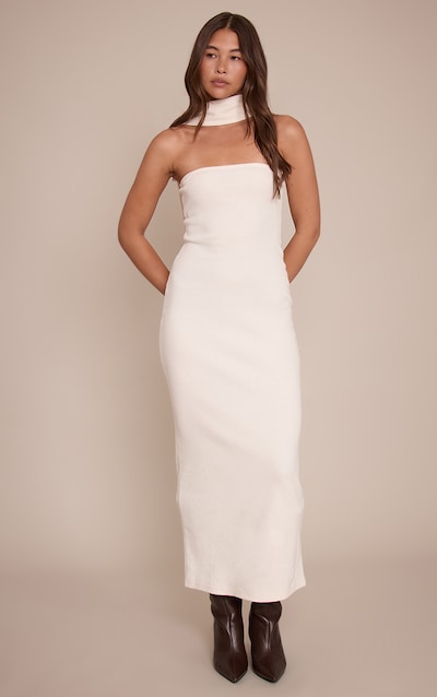 Robe bustier longue brossée côtelée crème à détail foulard