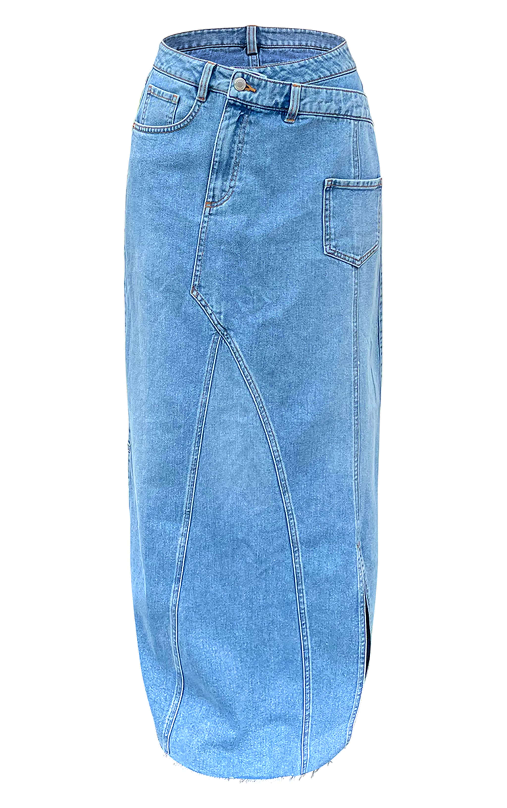 Jupe longue en jean bleu à taille asymétrique et détail coutures image 5