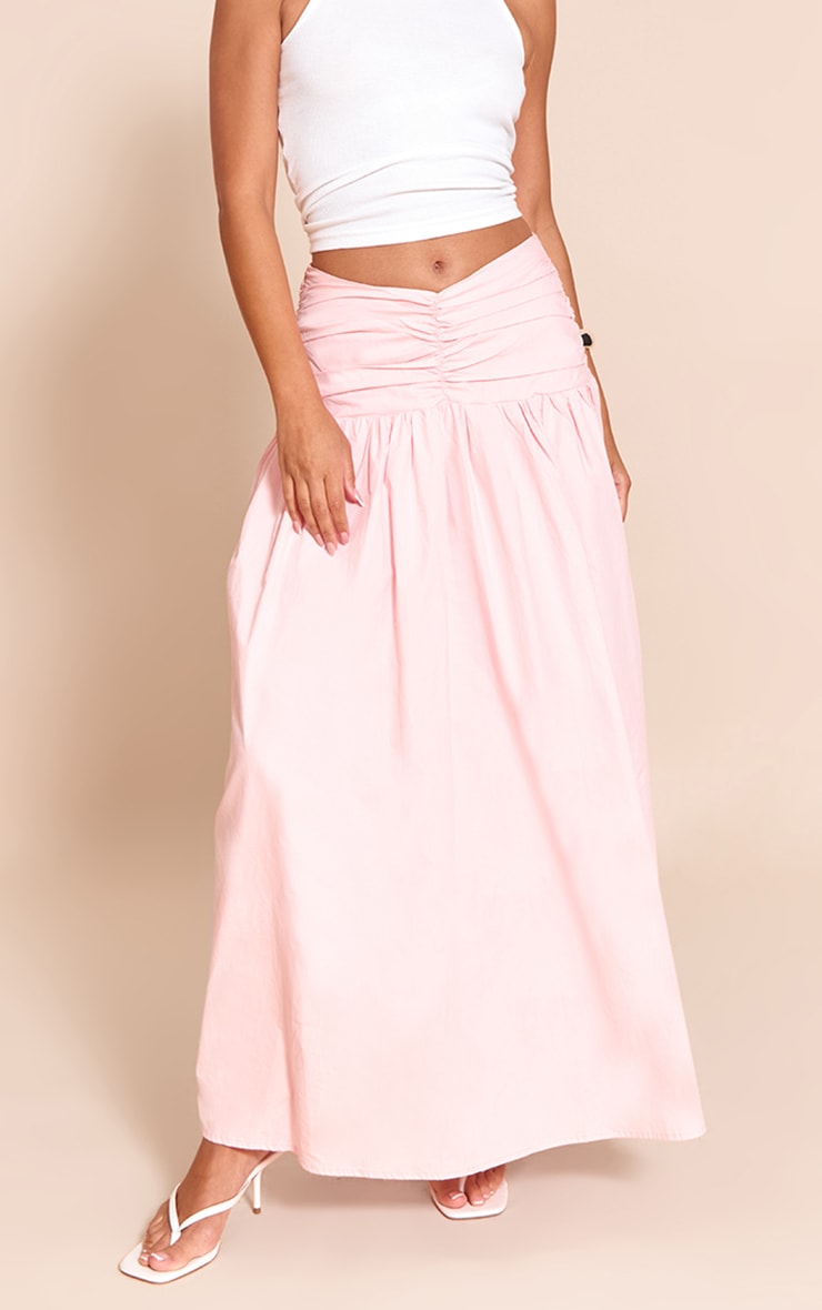 Pink Cotton Poplin Ruched Dropped Waist Maxi Skirt image 3