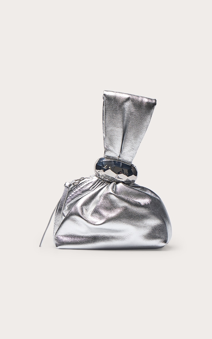 Silver Crinkle PU Dome Trim Clutch Bag image 2