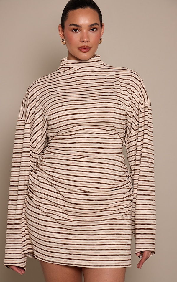 Plus Chocolate Striped Batwing Ruched Bodycon Dress