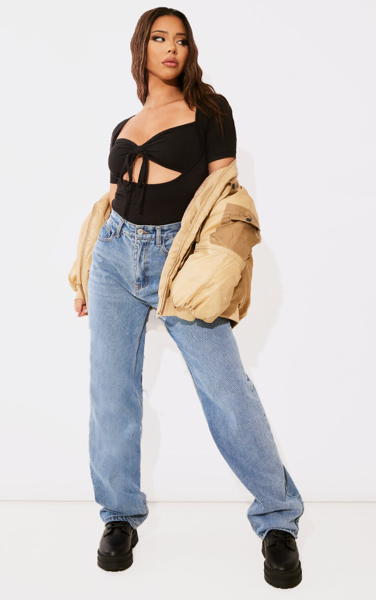 Black Cutout Tie Front Short Sleeve Bodysuit