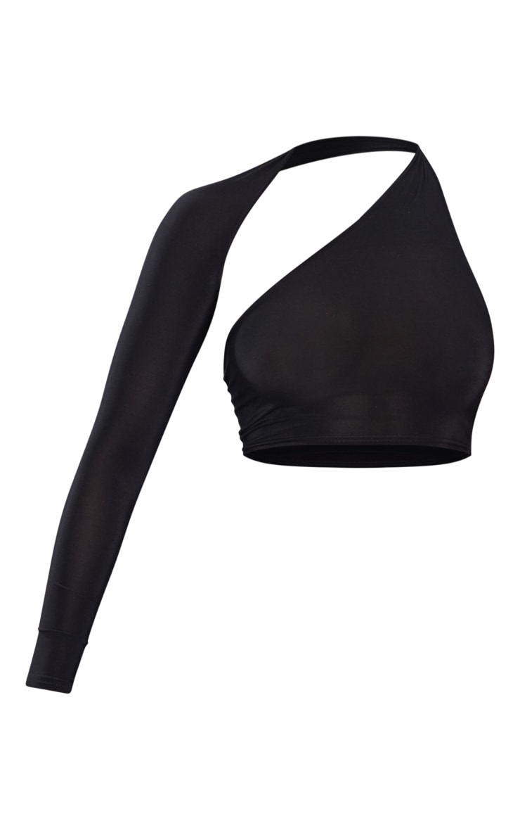 Black Asymmetric Slinky One Shoulder Crop Top Tops PLT QA