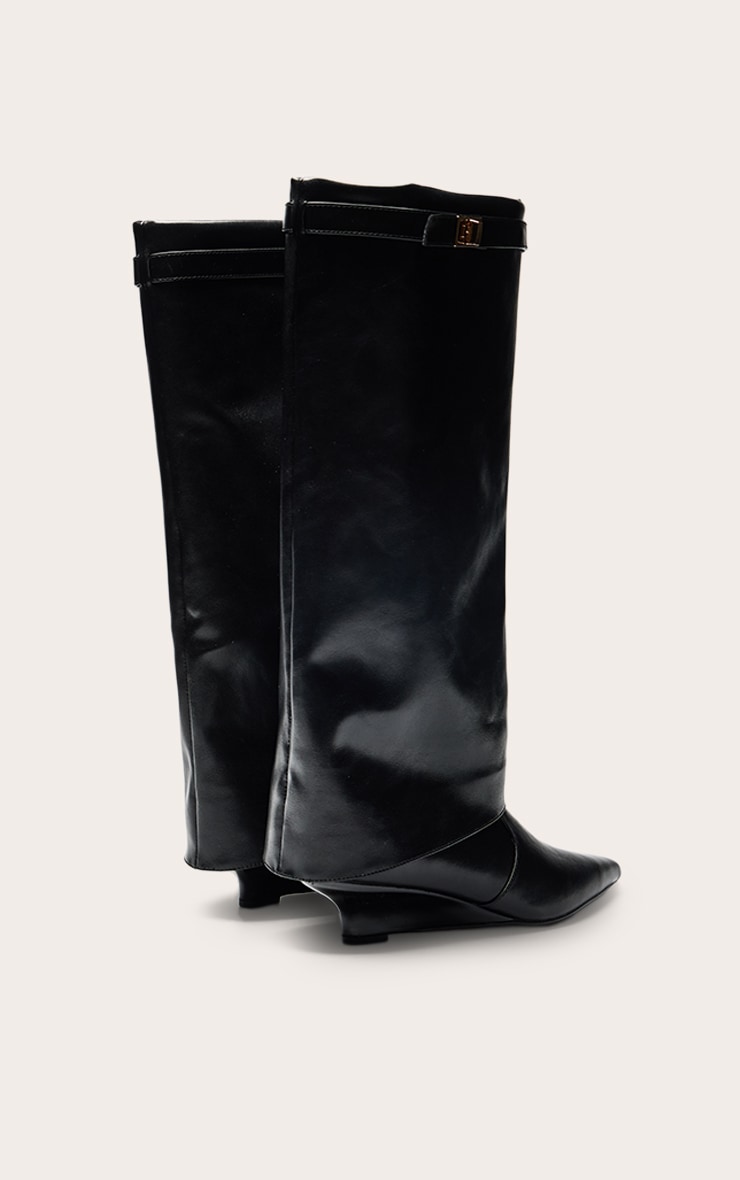 Black PU Kitten Wedge Knee High Fold Over Boots image 4