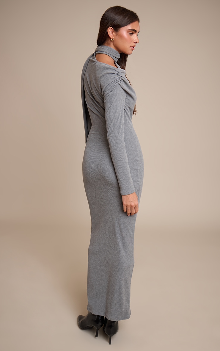 Grey Brushed Rib Scarf Detail Long Sleeve Asymmetric Ruched Maxi Dress image 2