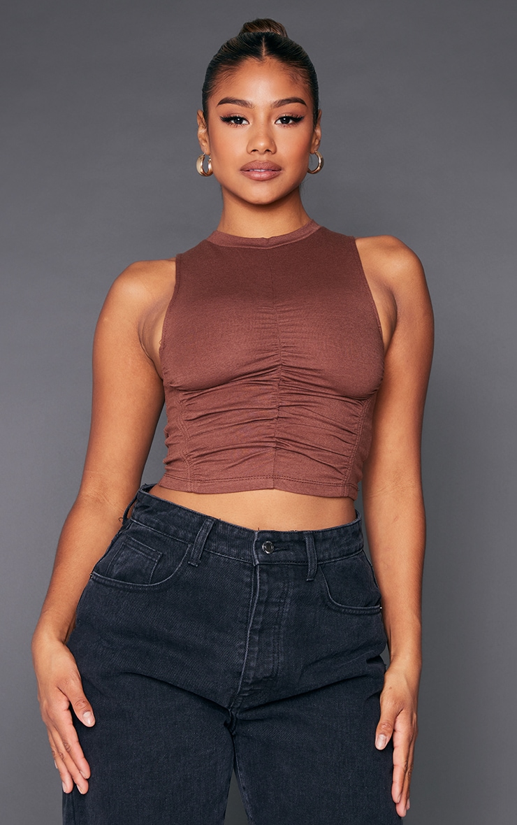 Mocha Cotton Ruched Front Sleeveless Top