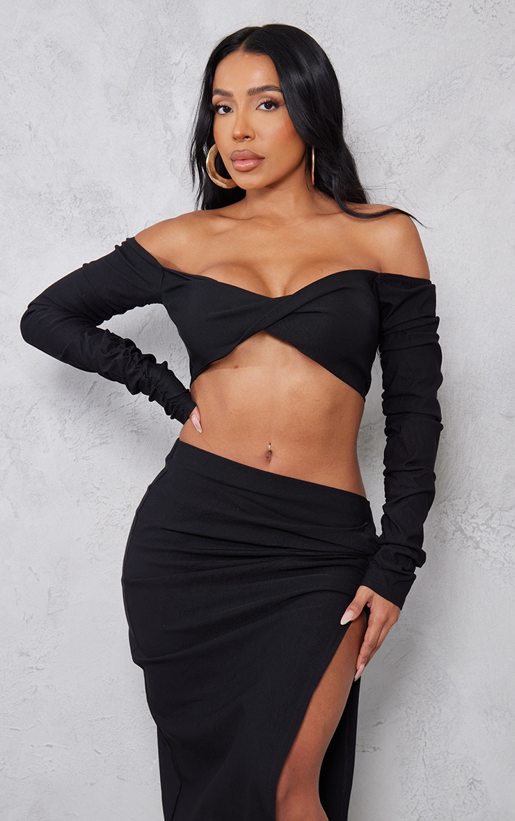 Shape Black Stretch Woven Ruched Sleeve Bardot Sleeve Crop Top
