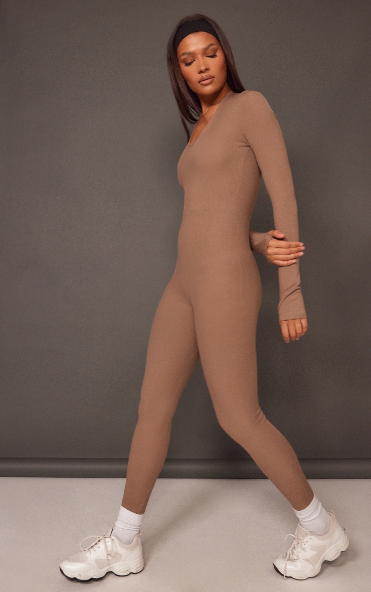 Taupe Rib Long Sleeve Thumb Hole Jumpsuit image 3