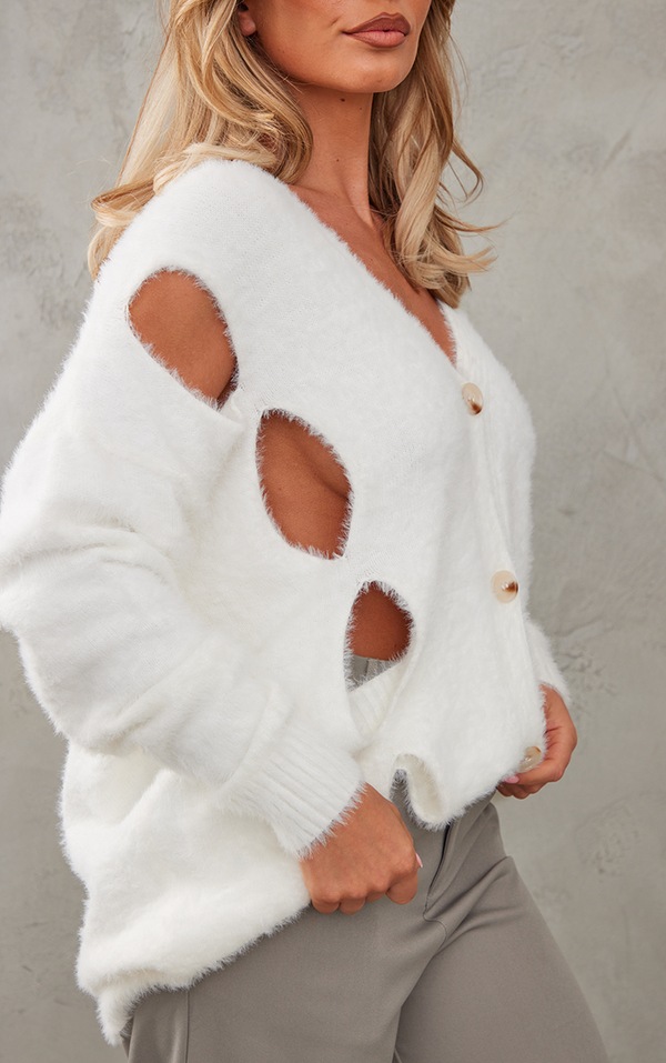 Cream Eyelash Knit Cut Out Oversized Cardigan PrettyLittleThing