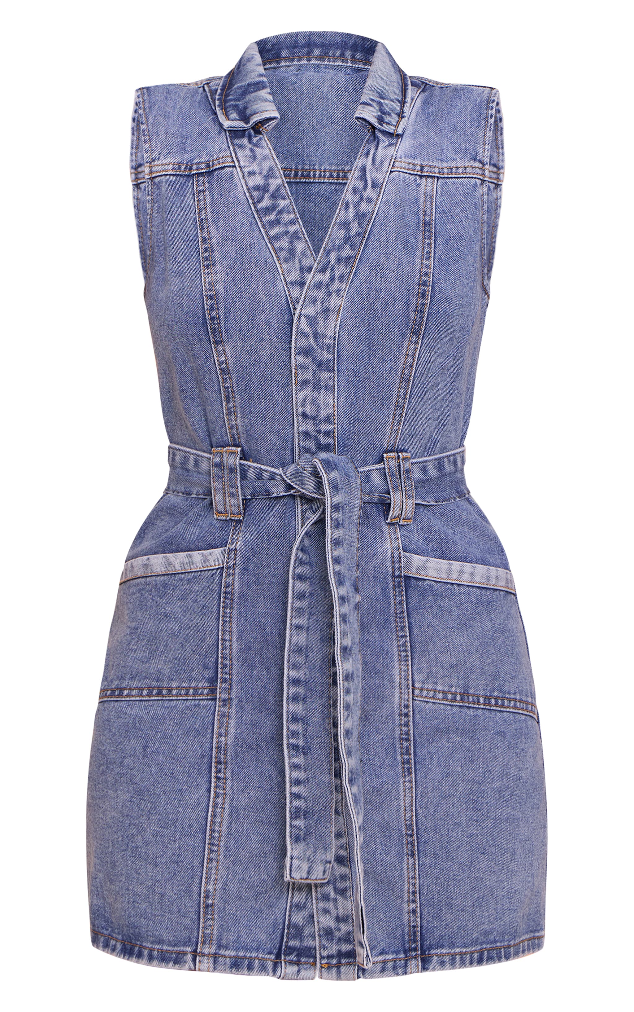 Light Blue Tie Waist Utility Style Denim Dress image 5