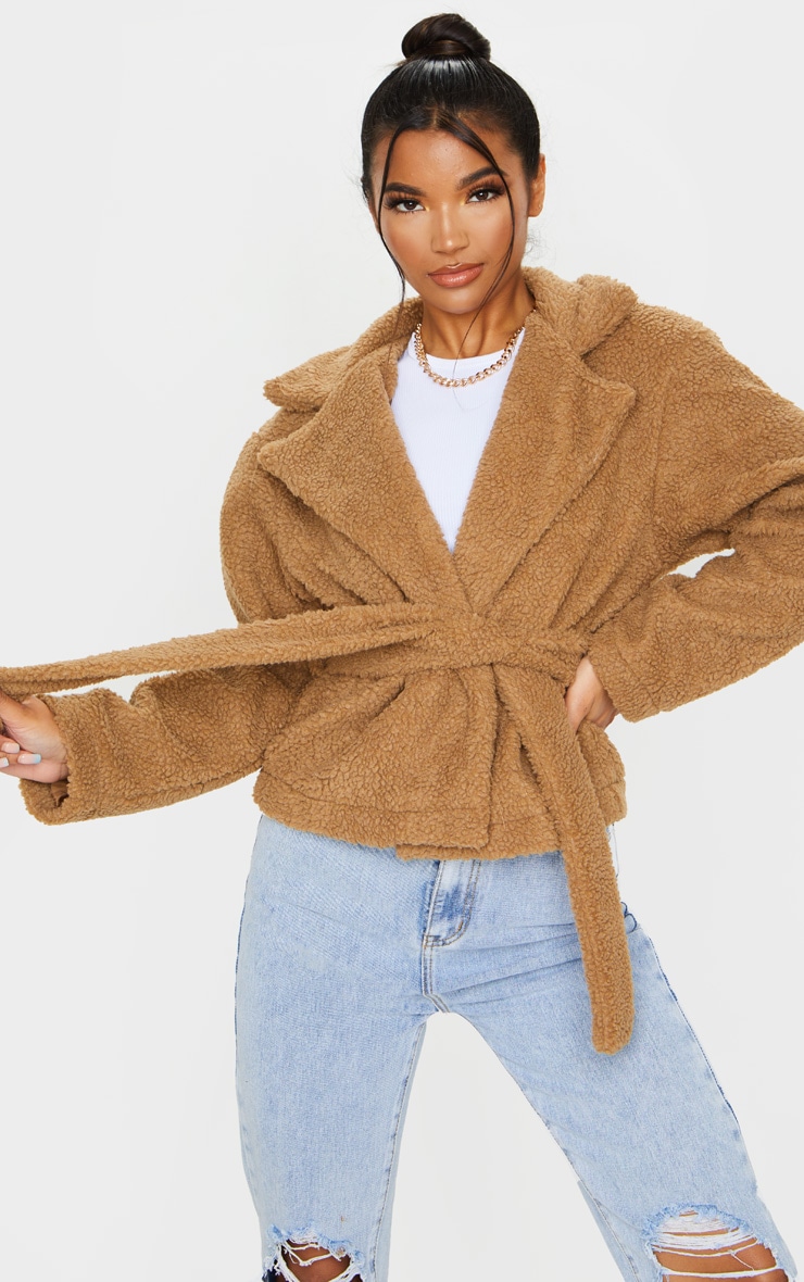 Camel Borg Tie Waist Jacket
