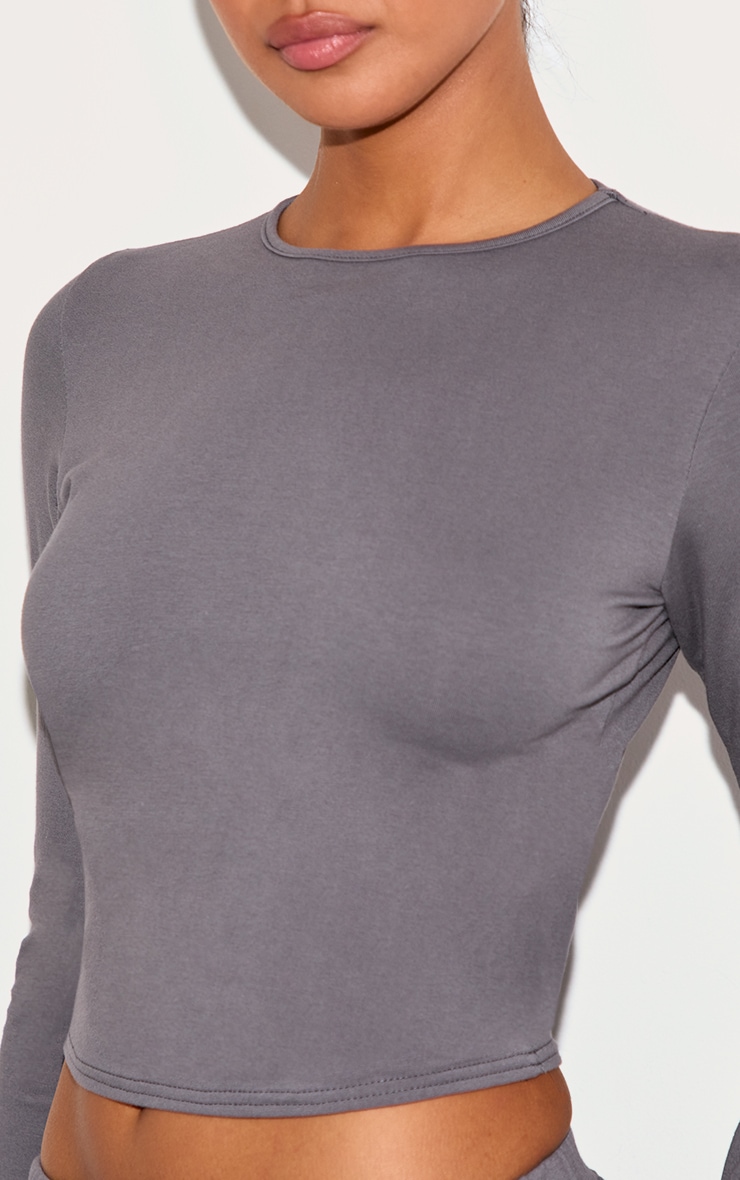 Charcoal Cotton Long Sleeve Crew Neck Top image 4