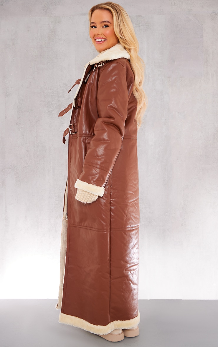 Brown Faux Leather Longline Aviator Belt Detail Coat image 2