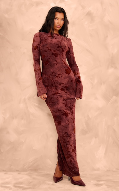 Burgundy Floral Devore Long Sleeve Maxi Dress